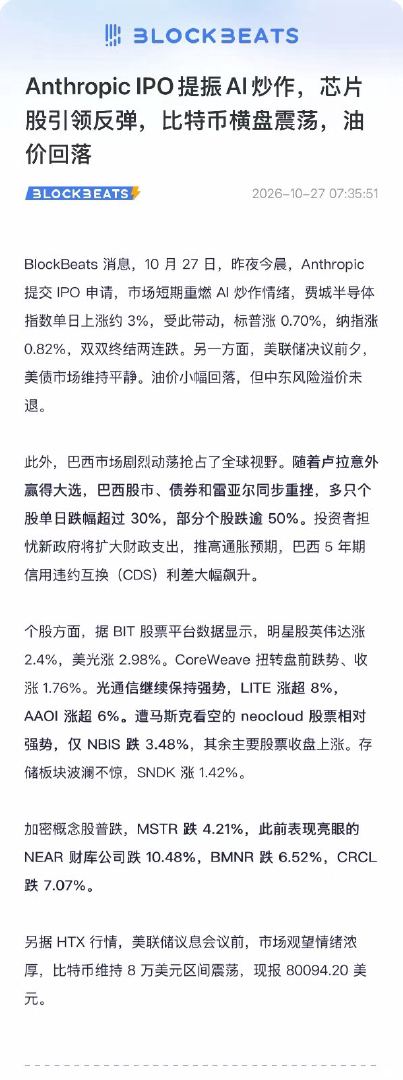 Anthropic IPO提振AI炒作，芯片股引领反弹，比特币横盘震荡，油价回落