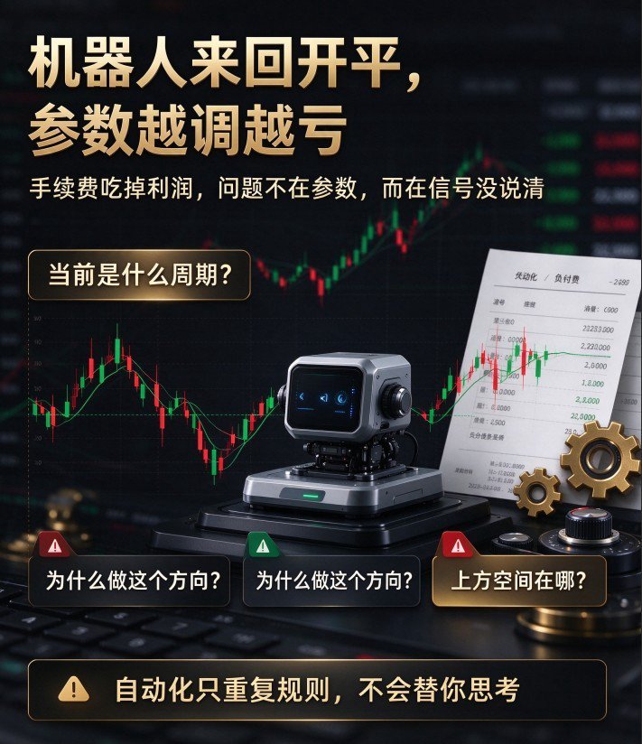 机器人震荡里来回开平，📈手续费吃掉大半利润，第一反应都是去调参数。 调完发现只是换了一种亏法。📉 问题从来不在参数，在信…